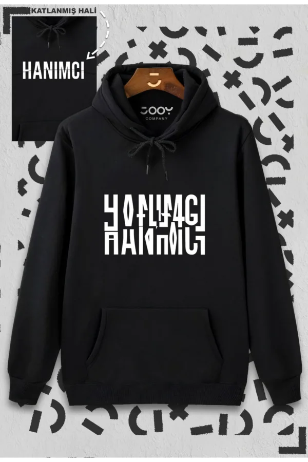 Hanımcı Katlamalı Tasarım Siyah Kapüşonlu Sweatshirt - S-alttext1