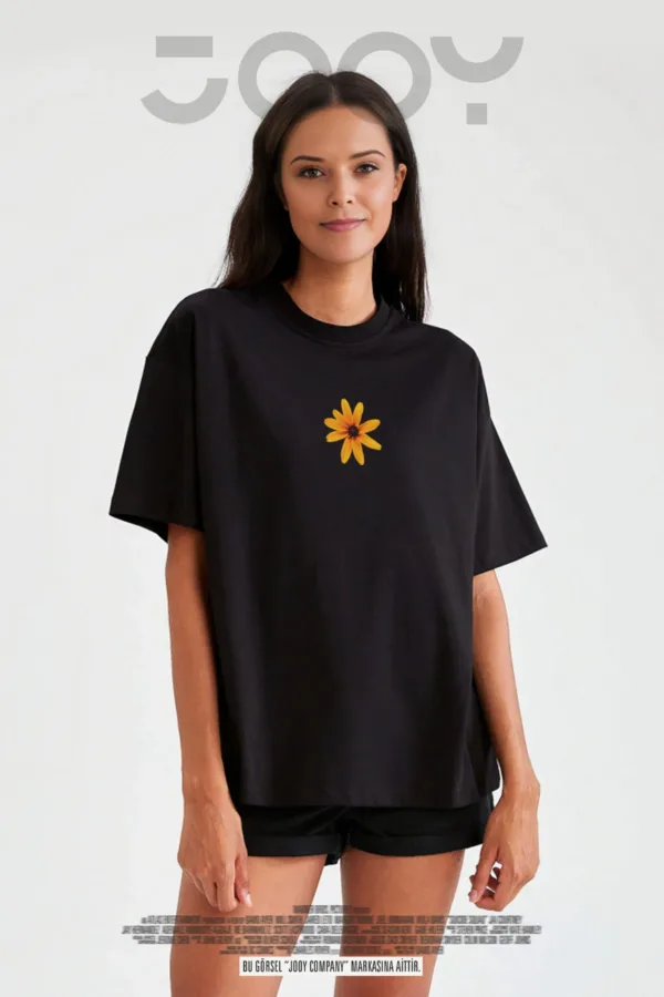 Happiness Papatya Baskılı Siyah Oversize Tshirt - XL-alttext2