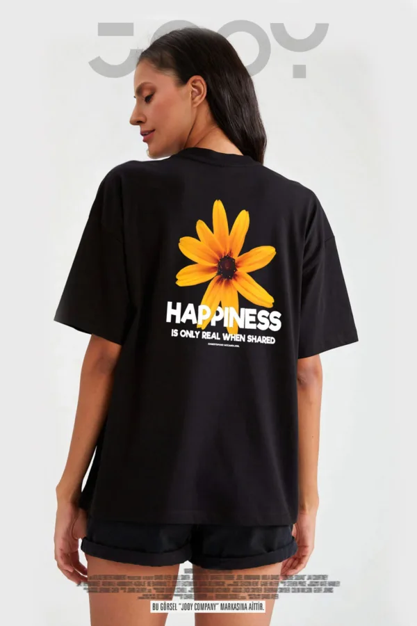 Happiness Papatya Baskılı Siyah Oversize Tshirt - XL-alttext1