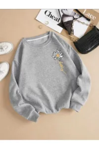 Happy Papatya Baskılı Gri Bisiklet Yaka Oversize Sweatshirt-alttext1