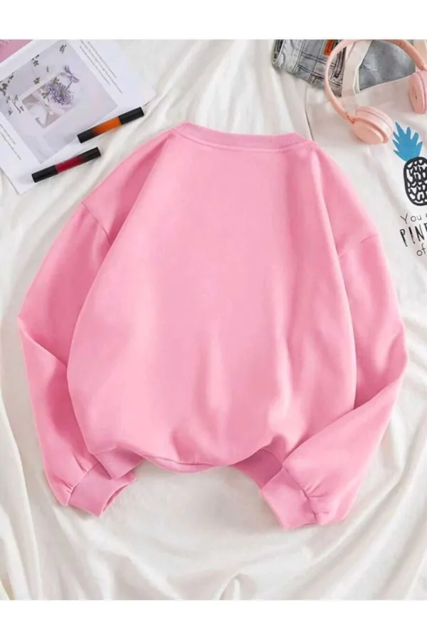 Happy Papatya Baskılı Pembe Bisiklet Yaka Oversize Sweatshirt - L-alttext2