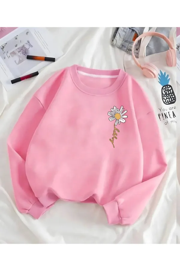 Happy Papatya Baskılı Pembe Bisiklet Yaka Oversize Sweatshirt - L-alttext1