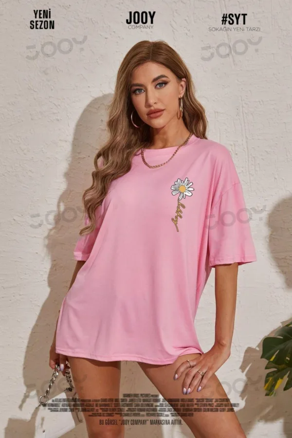Happy Papatya Baskılı Pembe Oversize Tshirt - XL-alttext1
