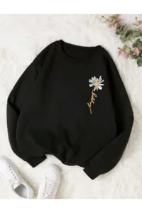 Happy Papatya Baskılı Siyah Bisiklet Yaka Oversize Sweatshirt-alttext1