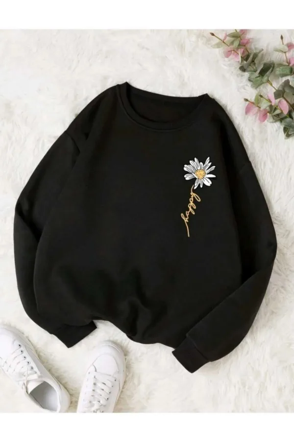 Happy Papatya Baskılı Siyah Bisiklet Yaka Oversize Sweatshirt - XL-alttext1