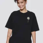 Happy Papatya Baskılı Siyah Oversize Tshirt - L-alttext1