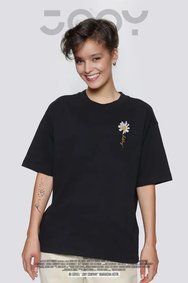 Happy Papatya Baskılı Siyah Oversize Tshirt - L-alttext1