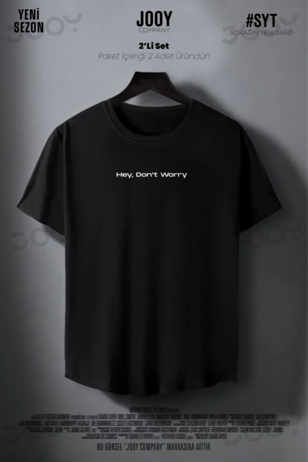 Hey Don't Worry Baskılı Siyah Beyaz Oval Kesim Slim Fit Tshirt 2'li Set - L-alttext3