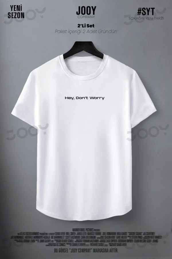 Hey Don't Worry Baskılı Siyah Beyaz Oval Kesim Slim Fit Tshirt 2'li Set - L-alttext4