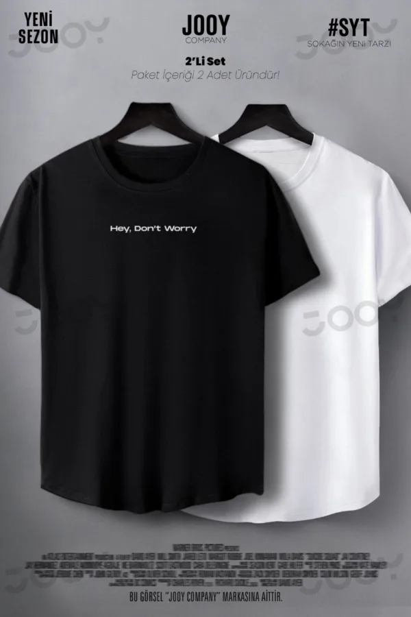 Hey Don't Worry Baskılı Siyah Beyaz Oval Kesim Slim Fit Tshirt 2'li Set - L-alttext1