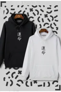 Japonca Destiny Baskılı Siyah Beyaz Kapüşonlu Sweatshirt Avantaj Paketi 2'li Set-alttext1