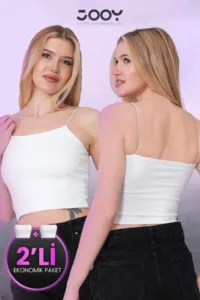 Kadın 2'li Ekonomik Paket Beyaz ip Askılı Crop Atlet Büstiyer Set-alttext1