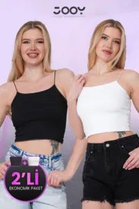 Kadın 2'li Ekonomik Paket Siyah - Beyaz ip Askılı Crop Atlet Büstiyer Set-alttext1