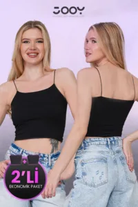 Kadın 2'li Ekonomik Paket Siyah ip Askılı Crop Atlet Büstiyer Set-alttext1