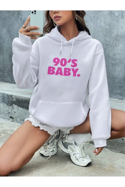 Kadın 90’s Baby Baskılı Kapüşonlu Sweatshirt