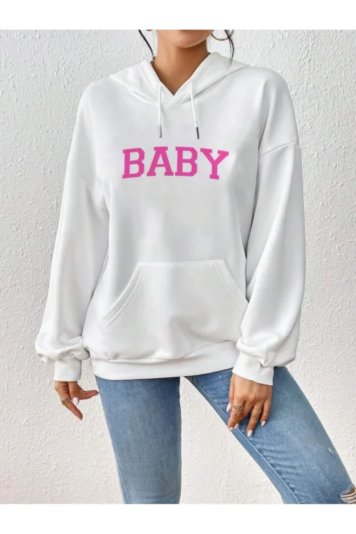 Kadın Baby Baskılı Kapüşonlu Sweatshirt