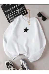 Kadın Beyaz Bisiklet Yaka Yıldız Baskılı Oversize Sweatshirt-alttext1