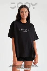 Kadın C'est La Vie Paris Baskılı Siyah Oversize Tshirt-alttext1