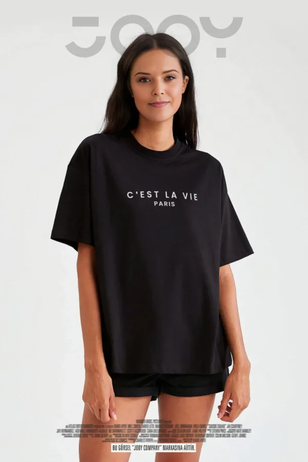 Kadın C'est La Vie Paris Baskılı Siyah Oversize Tshirt - S-alttext1