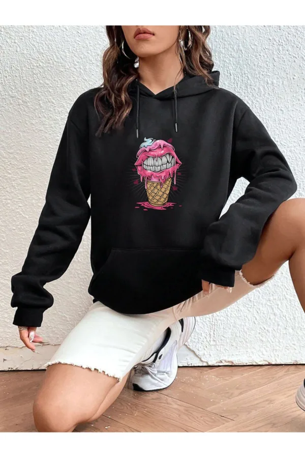 Kadın Dondurma Tasarım Kapüşonlu Sweatshirt - L-alttext1