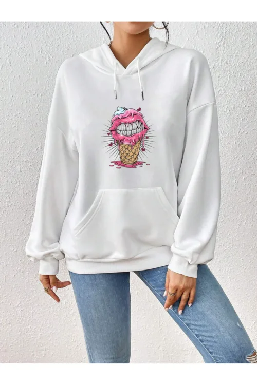 Kadın Dondurma Tasarım Kapüşonlu Sweatshirt