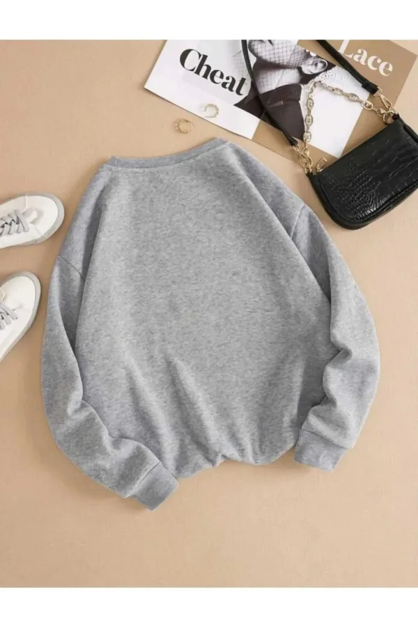 Kadın Gri Bisiklet Yaka Yıldız Baskılı Oversize Sweatshirt - M-alttext2