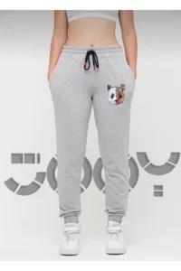 Kadın Gri Tokyo Panda Baskılı Penye Eşofman Altı-alttext1