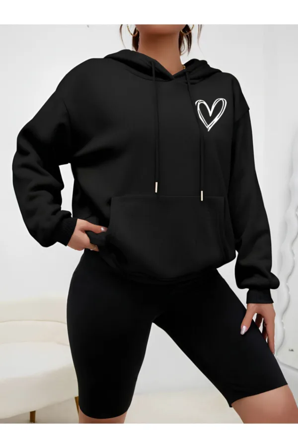 Kadın Kalp Tasarım Siyah Kapüşonlu Sweatshirt - M-alttext2