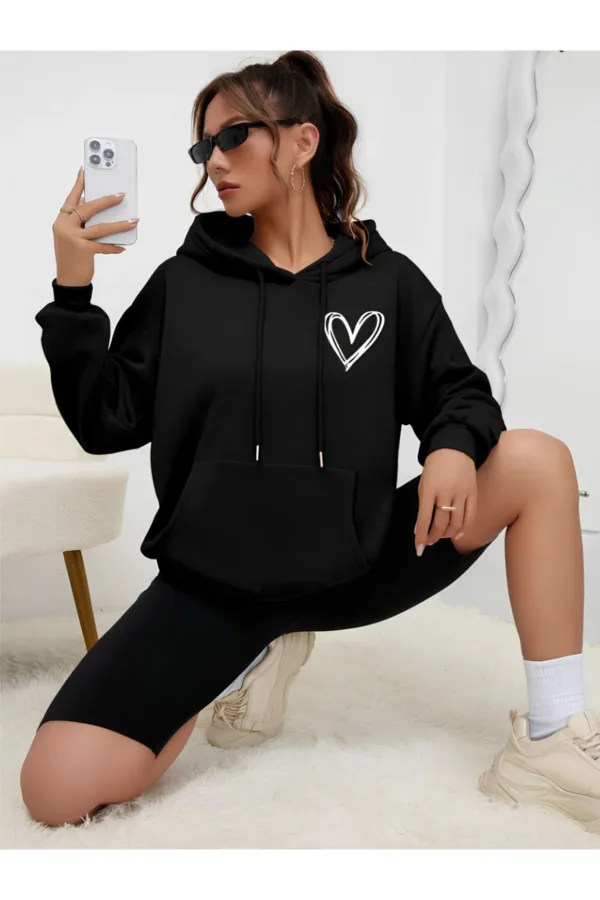Kadın Kalp Tasarım Siyah Kapüşonlu Sweatshirt - M-alttext1