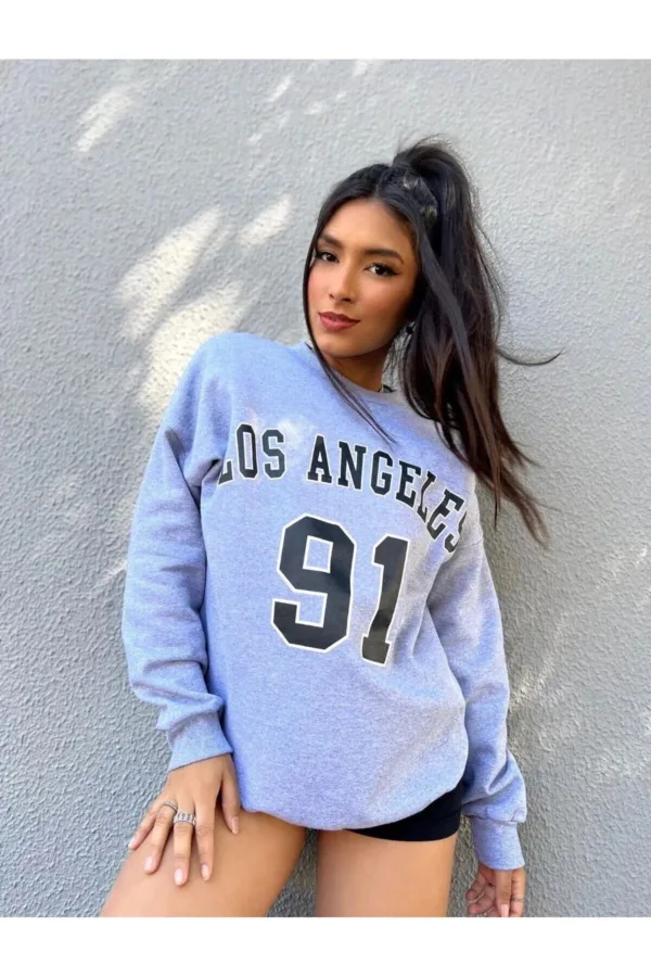 Kadın Los Angeles 91 Baskılı Gri Bisiklet Yaka Sweatshirt - M-alttext3