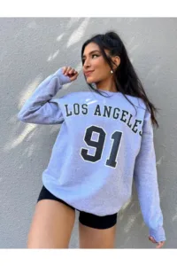 Kadın Los Angeles 91 Baskılı Gri Bisiklet Yaka Sweatshirt-alttext1