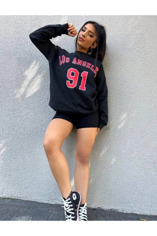 Kadın Los Angeles 91 Baskılı Siyah Bisiklet Yaka Sweatshirt - M-alttext1