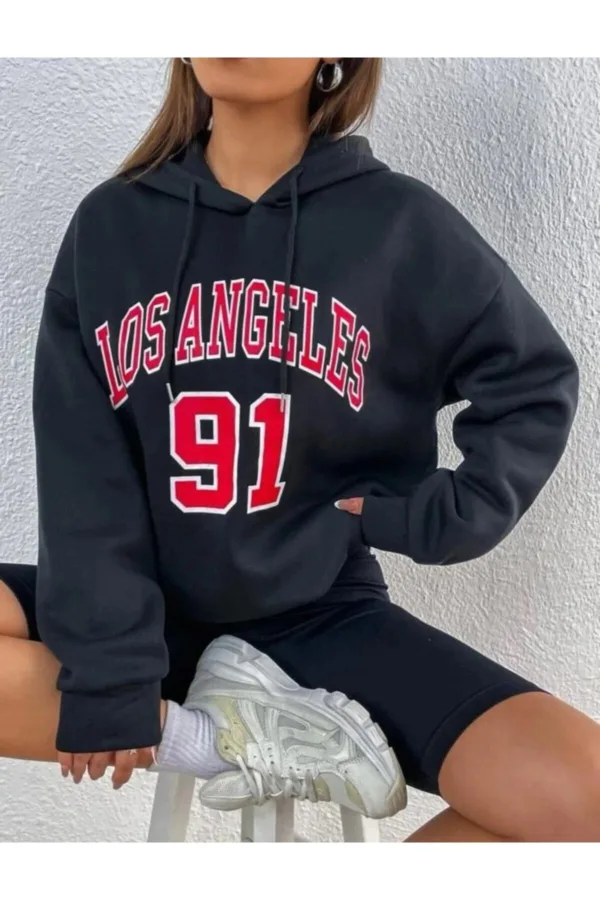 Kadın Los Angeles 91 Baskılı Siyah Kapüşonlu Sweatshirt - L-alttext2