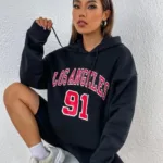 Kadın Los Angeles 91 Baskılı Siyah Kapüşonlu Sweatshirt - L-alttext1
