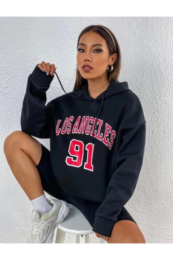 Kadın Los Angeles 91 Baskılı Siyah Kapüşonlu Sweatshirt - L-alttext1