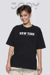 Kadın New York Reality Baskılı Siyah Oversize Tshirt-alttext1