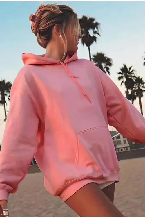 Kadın Pembe Basic Kapüşonlu 3 İplik Sweatshirt Hoodie