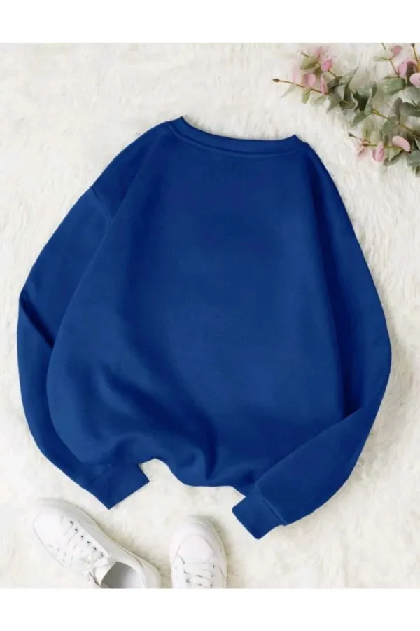 Kadın Saks Mavi Bisiklet Yaka Yıldız Baskılı Oversize Sweatshirt - M-alttext2