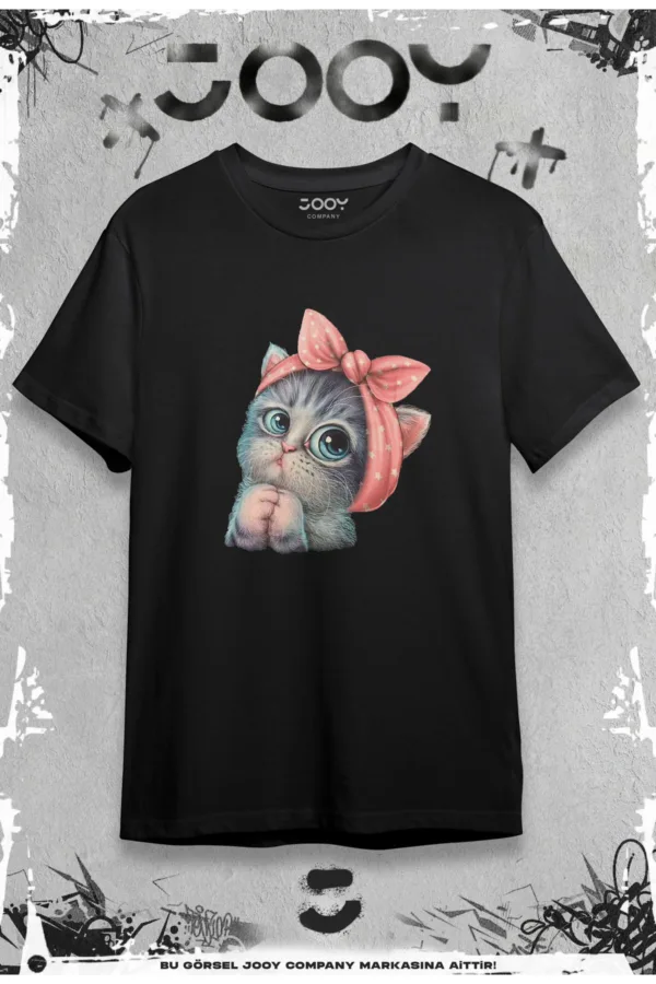 Kadın Siyah Sevimli Minik Kedi Baskılı T-Shirt - XL-alttext1