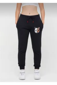 Kadın Siyah Tokyo Panda Baskılı Penye Eşofman Altı-alttext1