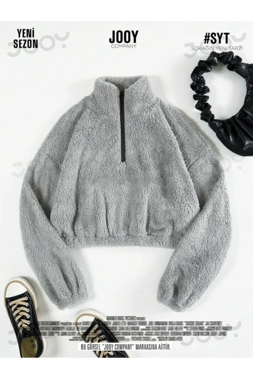 Kadın Yarım Fermuarlı Oversize Crop Peluş Sweatshirt