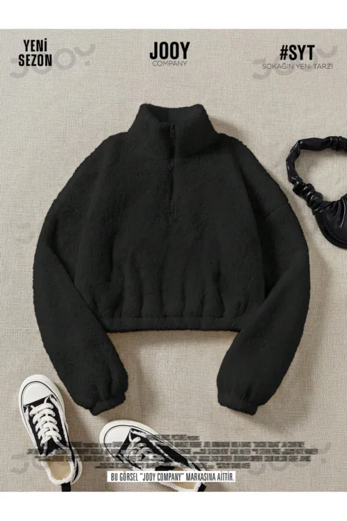 Kadın Yarım Fermuarlı Oversize Crop Peluş Sweatshirt