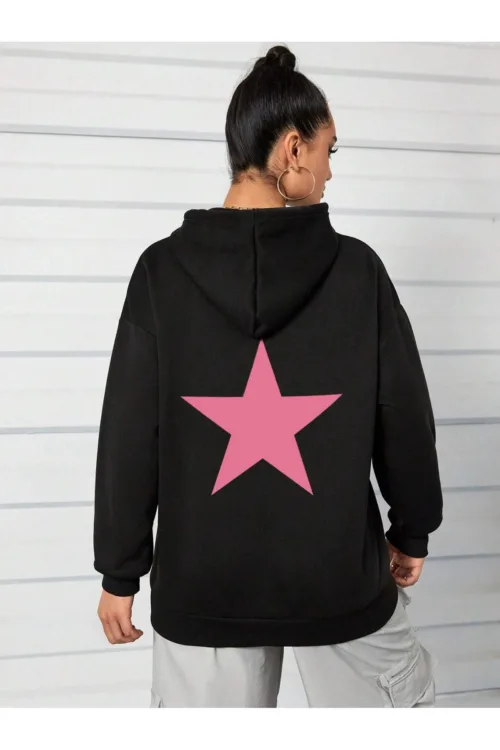 Kadın Yıldız Baskılı Kapüşonlu Sweatshirt