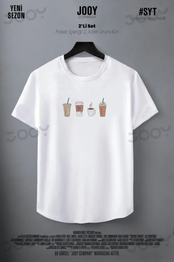 Kahve Bardağı Baskılı Siyah Beyaz Oval Kesim Slim Fit Tshirt 2'li Set - L-alttext4
