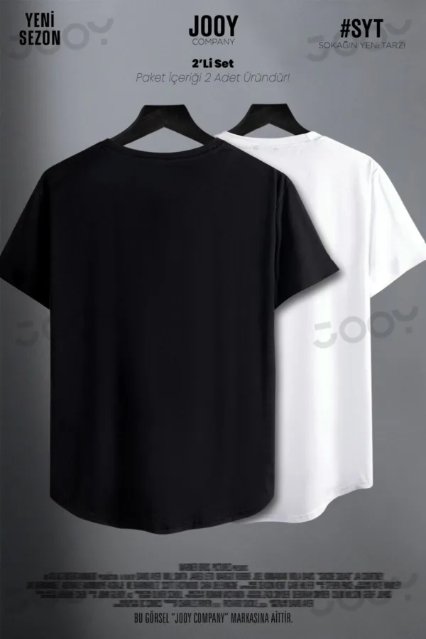 Kahve Bardağı Baskılı Siyah Beyaz Oval Kesim Slim Fit Tshirt 2'li Set - L-alttext5