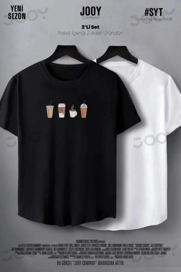 Kahve Bardağı Baskılı Siyah Beyaz Oval Kesim Slim Fit Tshirt 2'li Set - L-alttext1