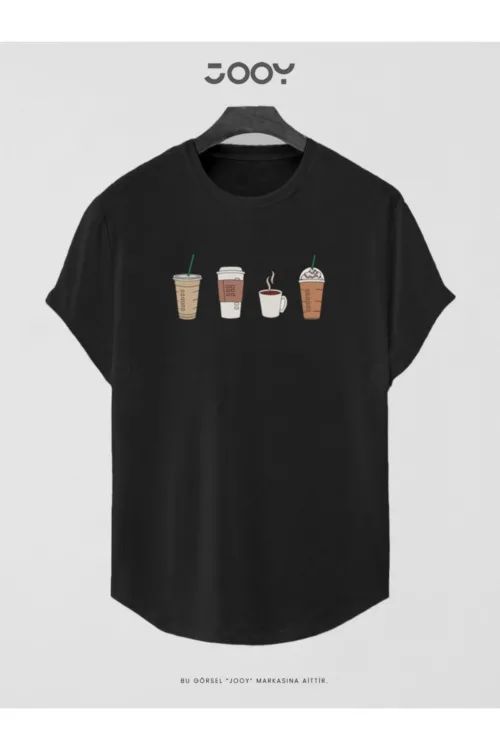 Kahve Bardağı Baskılı Slim Fit Oval Kesim T-Shirt