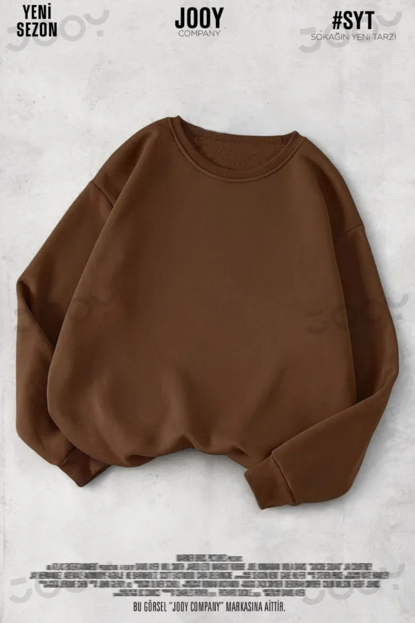 Kahverengi 3 iplik Bisiklet Yaka Düz Baskısız Basic Sweatshirt - L-alttext1
