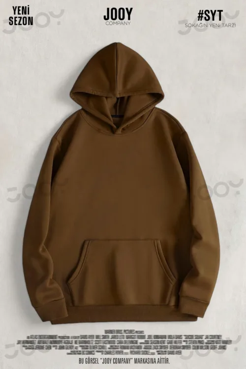 Kahverengi Düz Baskısız Kalın Şardonlu 3 İplik Kapüşonlu Sweatshirt