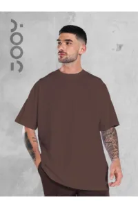 Kahverengi Oversize Geniş Kalıp Düz Baskısız Basic Tshirt-alttext1